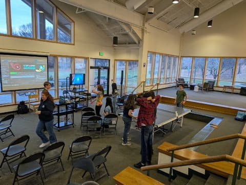 Students playing games in the Forum